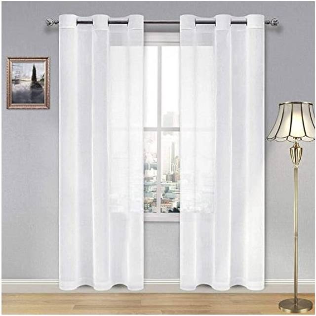 White Sheer Curtains Textured Semi Transparent Eyelet Top Decorative Voile Curtain for Living Bedroom 46 Wide x 90 Drop 2 Panels