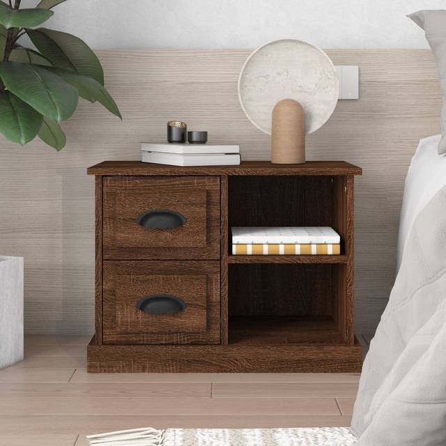 Simlai 2 Drawer Bedside Table - Brown Oak (45cm H X 60cm W X 35.5cm D)