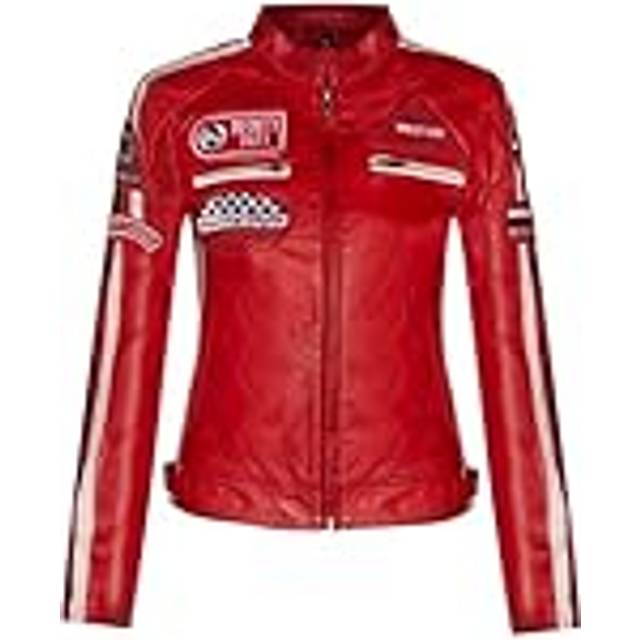 Infinity Leather Womens Biker Racing Badges Jacket-Agadir - Red - Size 20 UK