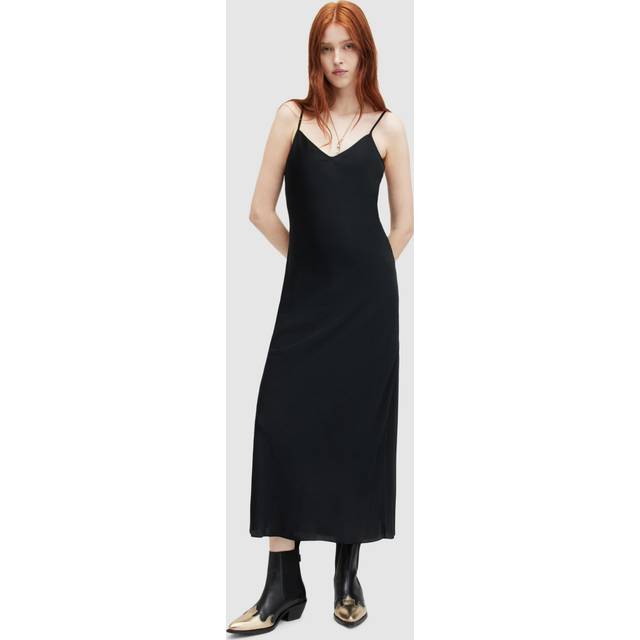 Allsaints Womens Black Bryony V-neck Bias-cut Recycled-polyester Midi Dress 16 - BLACK