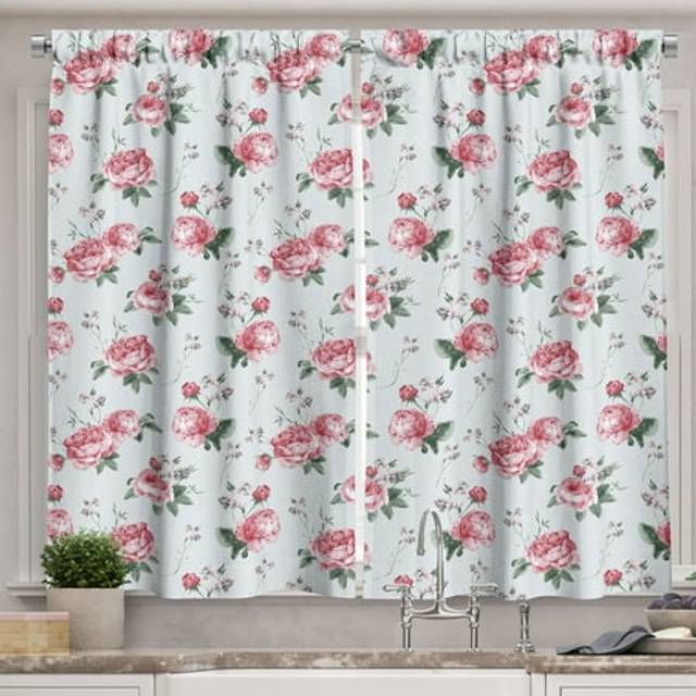 Ambesonne Shabby Flora Kitchen Curtains  Romantic Spring Summer Flowers Garden Roses with Leaves Artwork  Window Drapes 2 Panel Set for Kitchen Cafe D