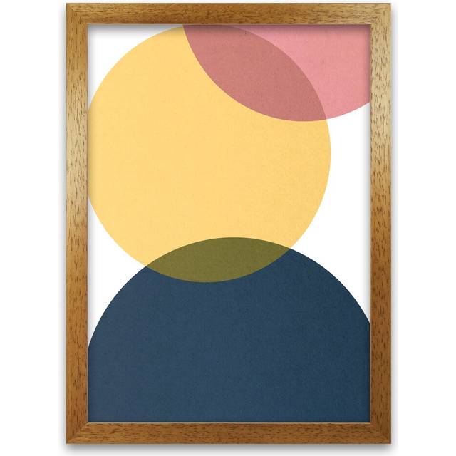 Blue Yellow Pink Pebbles Original - Graphic Art Print on Paper - Oak Frame (42cm H x 30cm W x 3cm D)
