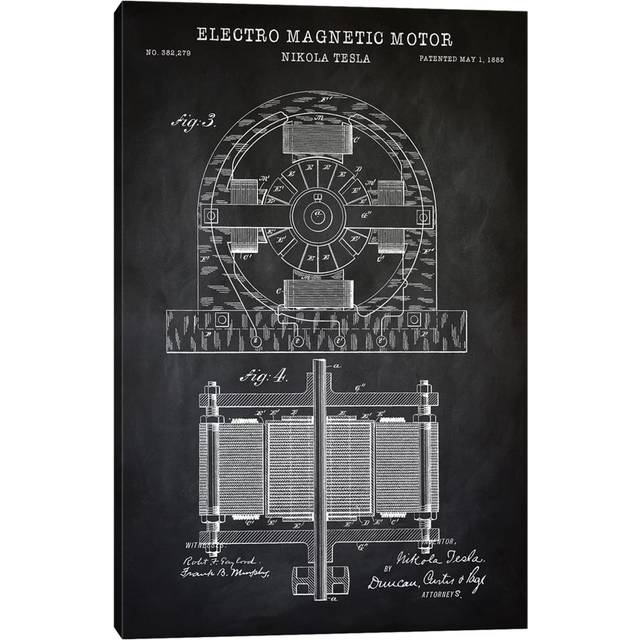 Tesla Electro Magnetic Motor, Black by PatentPrintStore - Wrapped Canvas Graphic Art (152.5cm H x 101.5cm W)
