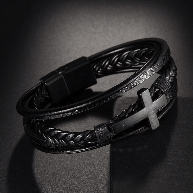 Nyhet Mode Flera lager PU Läder Vävd Armband Med Kors Hänge , Vintage Vävd Läder Armband , Rostfritt Stål Spänne Herr PU Läder Armband - Svart (En-Storlek)