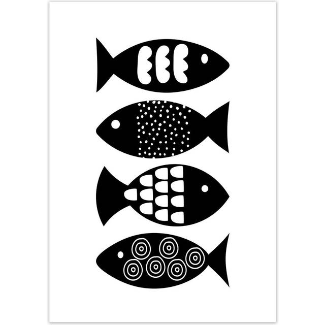 Black and White Scandi Fish - Graphic Art Print on Paper - No Frame (30cm H x 21cm W x 1cm D)