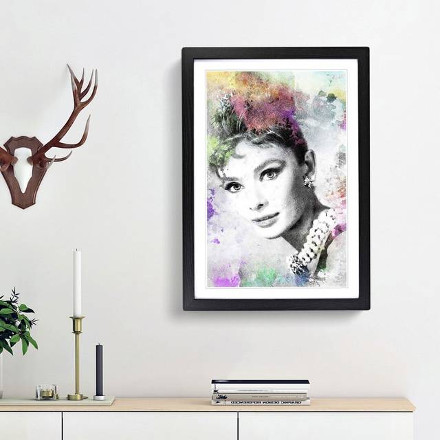 Audrey Hepburn Abstract Art - Picture Frame Painting Print on Paper - Black Framed (33cm H x 24cm W x 2cm D)