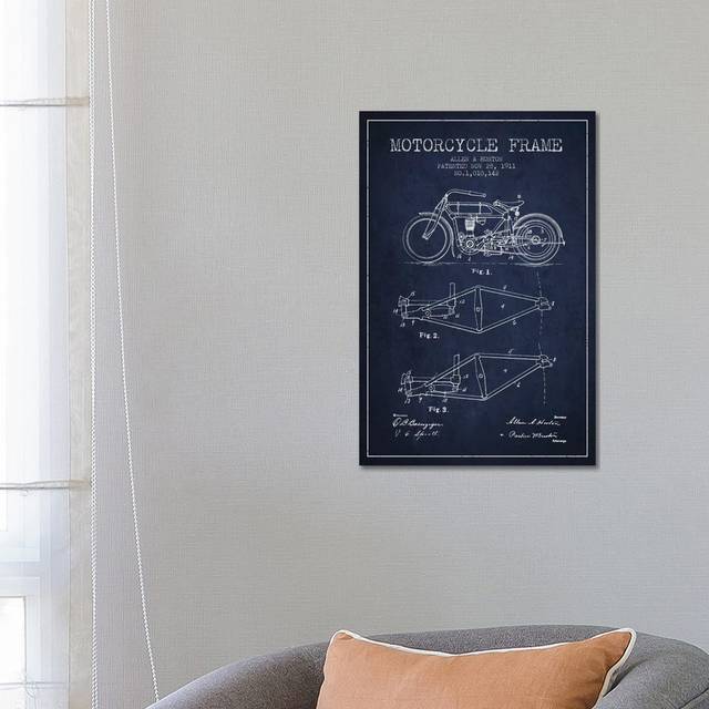 Allen A. Horton Motorcycle Frame Patent Sketch (Navy Blue) by - Wrapped Canvas Graphic Art (66.04 cm H x 45.72 cm W x 1.91 cm D)