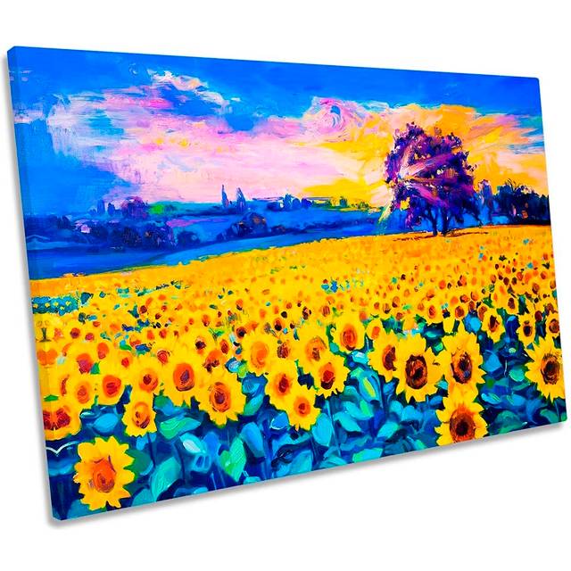 Yellow Sunflower Field Floral Framed - Wrapped Canvas Art Prints - Blue (40.6cm H x 61cm W x 2cm D)