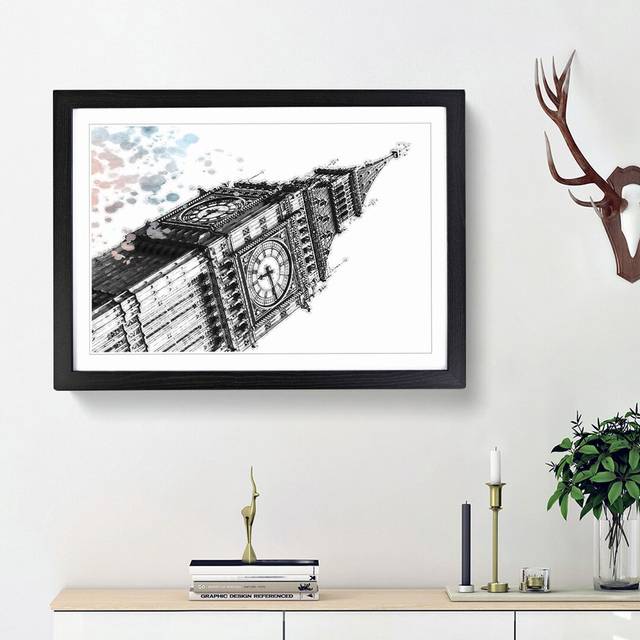 Big Ben in London in Abstract - Picture Frame Painting Print - Black Framed (27cm H x 36cm W x 2cm D)