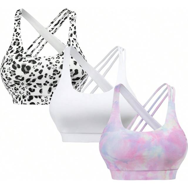 3pack Tie Dye & Leopard Print Criss Cross Backless Sports BH träningstoppar - Multifärgad (L,M,S,XL)