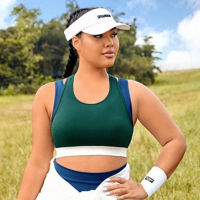 Plus Colorblock Racer Back Sports BH, Damtennisoutfit - Mörk Grön (0XL,1XL,2XL,3XL,4XL)