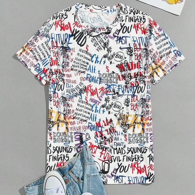 Manfinity Men Random Letter Graphic Casual Short Sleeve Tee, For Going Out, Men&#39;s Graphic Tee