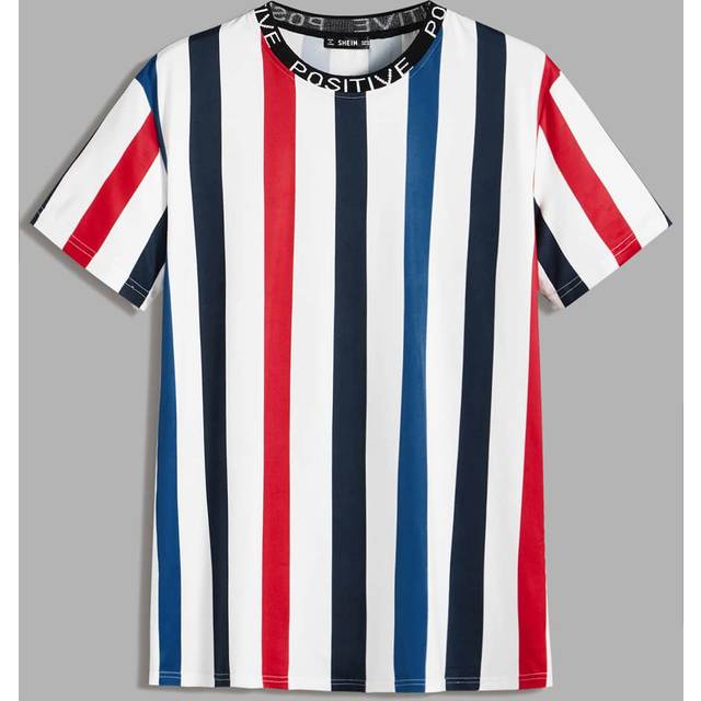 NEON BLANC Men Letter Tape Neck Striped Urban Short Sleeve Tee, Casual, Boyfriend Gift