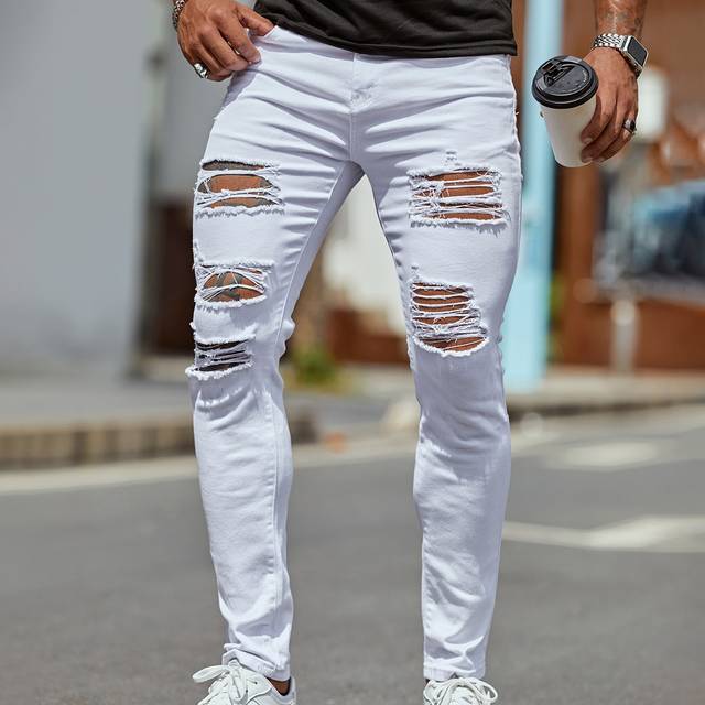 Herr Mager Jeans Bomull Slitna Enfärgat - Vitt (L,M,S,XL,XXL)