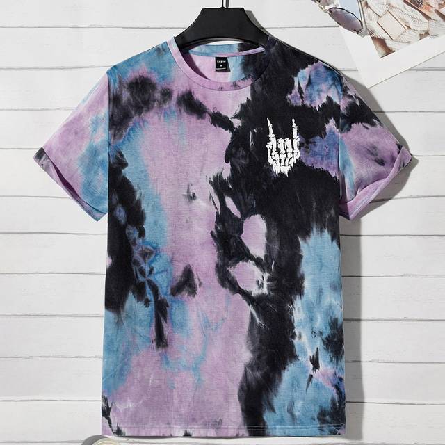 Manfinity Men Tie Dye Skeleton Hand Print Short Sleeve Tee, Fashion, For Going Out, For Friends