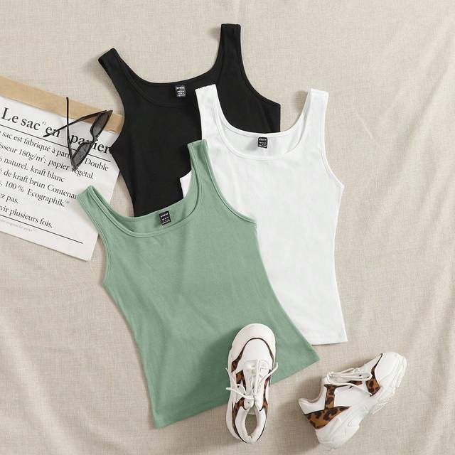 SHEIN 3pcs Solid Color Knitted Tank Tops