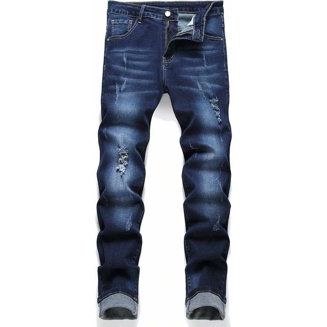 Män sliten sliten katt repor Skinny jeans Slim Fit Lång tvättad Jean Cargo Vanlig Mörkblå Work Basic Man - Mediumtvätt (L,M,S,XL,XXL)