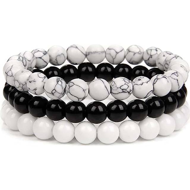 3 st. 8mm Ädelstenar Pärlor Armband För kvinnor Herr Healing Crystal Sten Armband Stretch Runda Pärlor Elastisk Armband Unisex Smycke Presenter - Svart och Vitt