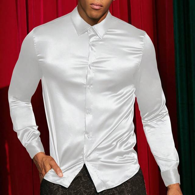 Herr Enfärgat Knappar Framtill Satin Skjorta - Vitt (L,M,S,XL,XS,XXL,XXS)