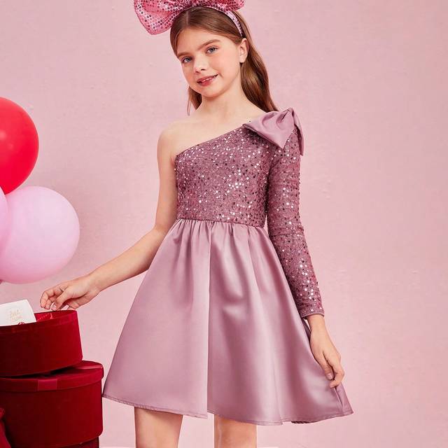 SHEIN Tween Girl&#39;s Oblique-Shoulder Collar, Bow And Beaded Patchwork Dress