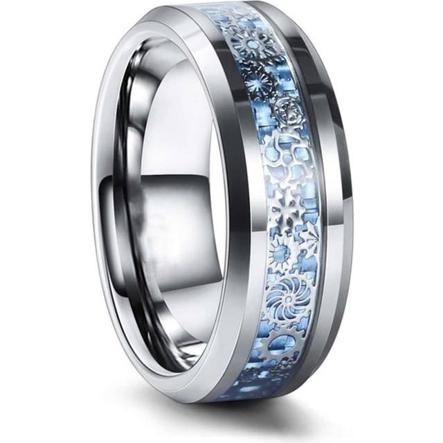 SHEIN 1Pc 8mm Stainless steel Carbide Steampunk Ring Inlay Silver Gear Blue Carbon Fiber Wedding Band Men&#39;s Jewelry Gift