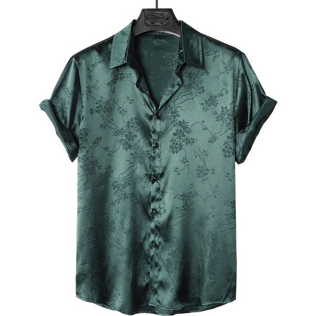 Manfinity Men Floral Jacquard Casual Satin Short Sleeve Collar Shirt, For Going Out