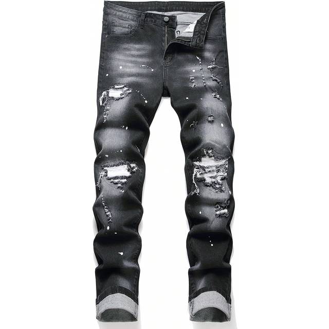 Män Splash Ink Print Ripped Frayed Skinny Jeans, Slim Fit Dark Jeans Långa Svarta Cargo Jeans, För make, Pojkvän Presenter (L,M,S,XL,XXL)