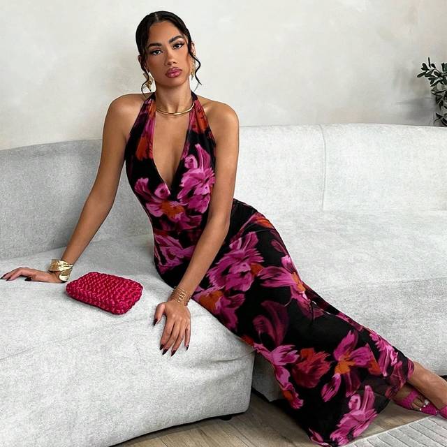 SHEIN Halter Cowl Collar Mesh Printed Mermaid Dress,Summer Dresses For Women,Tea Party Dress