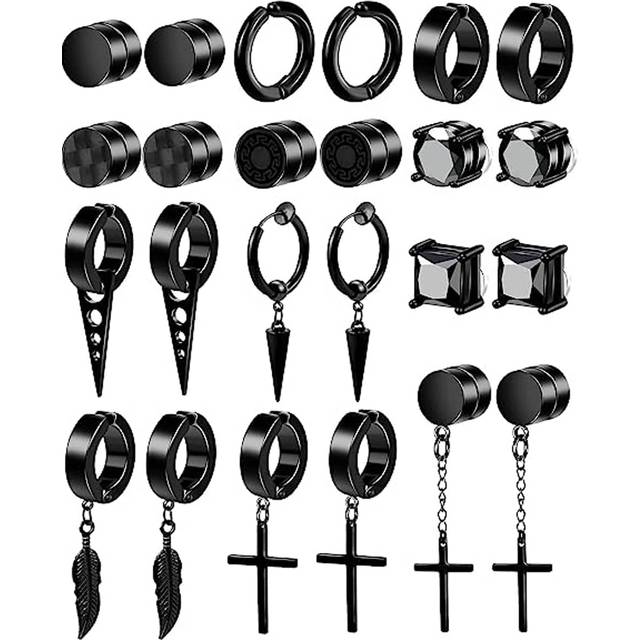 SHEIN 12pairs Black Magnetic Earrings For Men, Clip On Ear Cuff, Hoop & Drop Earrings, For Non Pierced Ears, Square Crystal & Hematite Decor, Stainless Stee