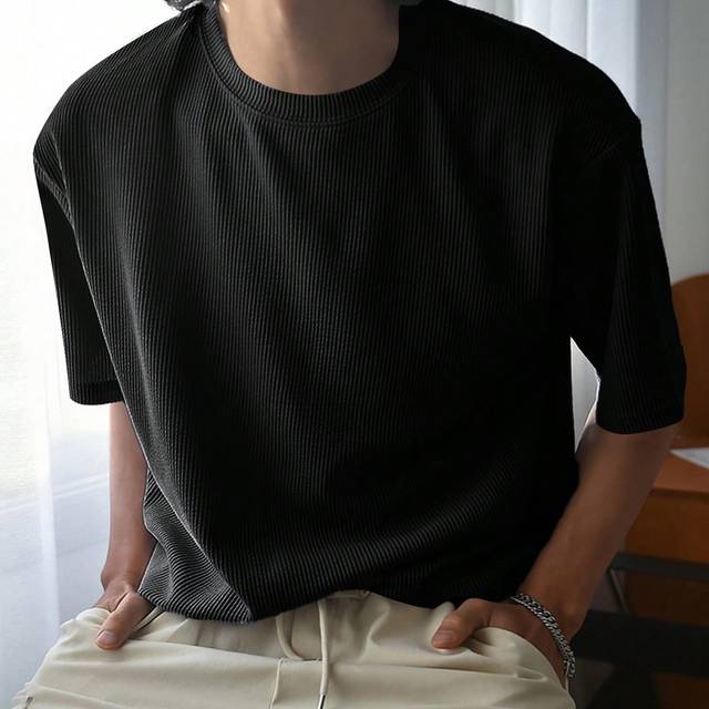 Herr Enfärgat Våffelstickad T-Skjortor - Svart (L,M,S,XL)
