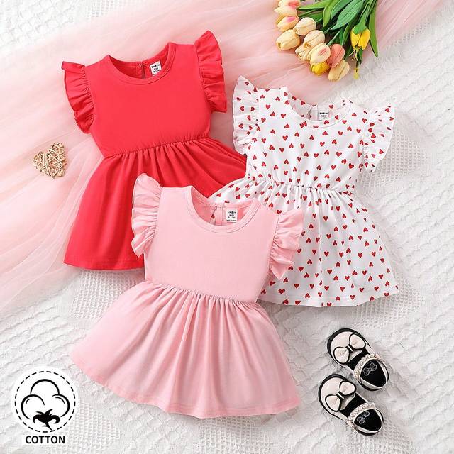 SHEIN 3pcs/Set Baby Girl Casual Daily Cute Heart Pattern Printed Cap Sleeve Dress, Suitable For Spring And Summer Outings