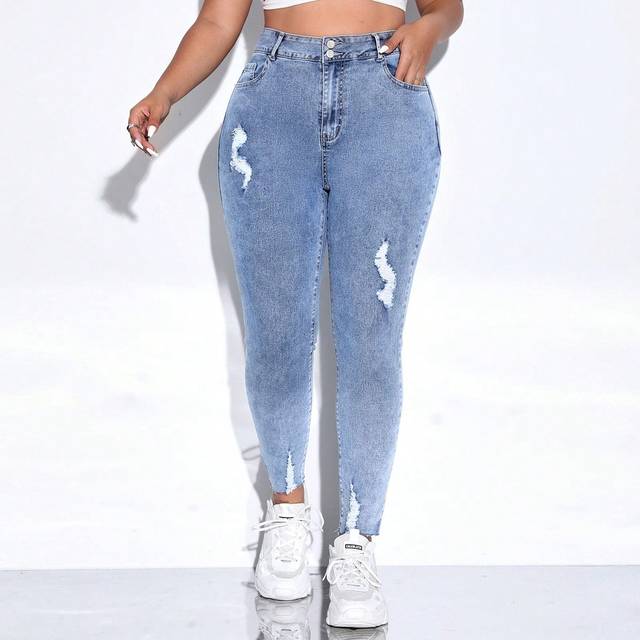 SHEIN Plus High Waist Ripped Raw Cut Skinny Jeans