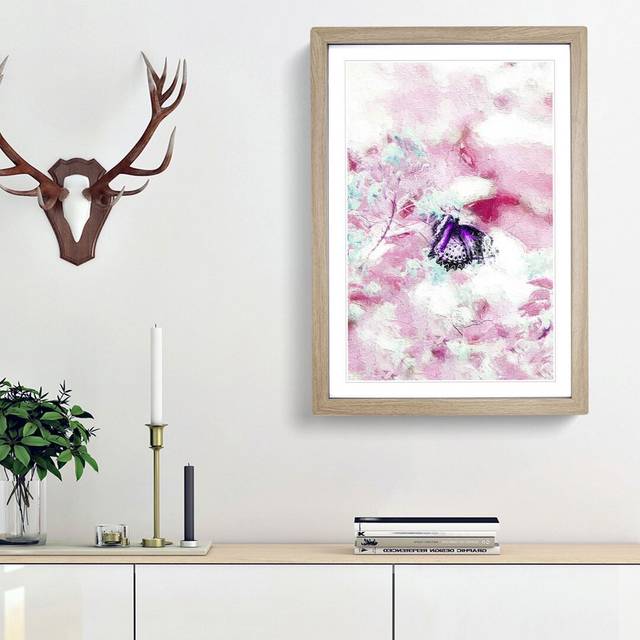 A Butterfly upon a Flower in Abstract - Picture Frame Painting Print on Paper - Oak Framed (33cm H x 24cm W x 2cm D)