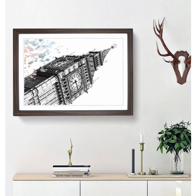 Big Ben in London in Abstract - Picture Frame Painting Print - Walnut Framed (48cm H x 65cm W x 2cm D)
