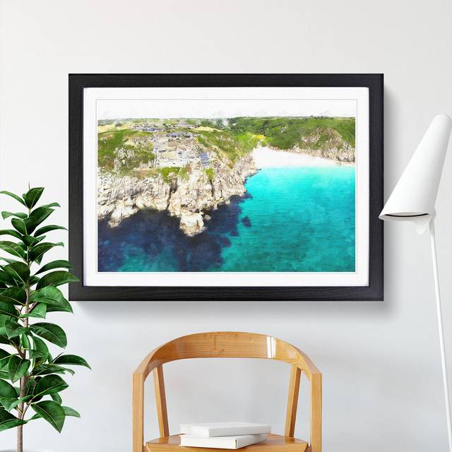 Porthcurno Beach in Cornwall - Picture Frame Graphic Art - Black Framed (27cm H x 36cm W x 2cm D)