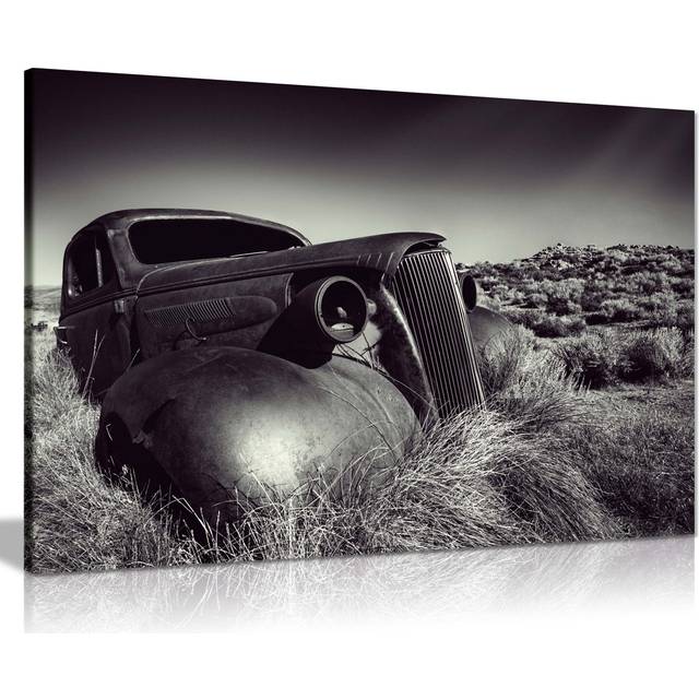 Panther Print Fine Art Prints Black & White Vintage Wrecked Car In A Desert Artistic Framed Canvas Print, Pictures For Home Walls, Bedroom, Living Roo (31cm H x 20cm W)