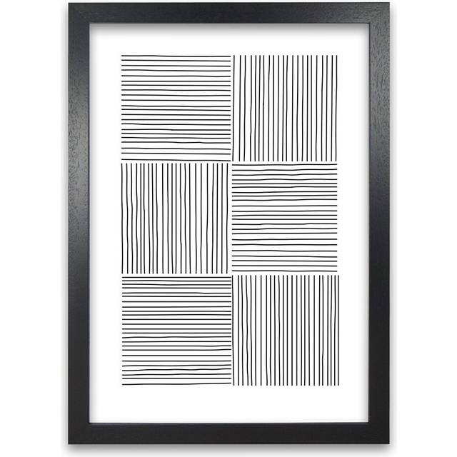 Black and White Squared Lines - Graphic Art Print on Paper - Black Frame (84cm H x 59cm W x 3cm D)