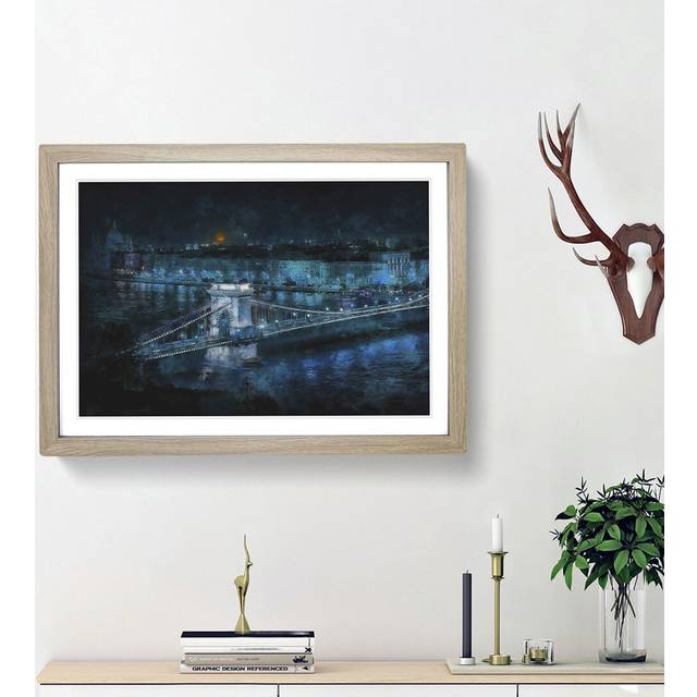 Chain Bridge in Budapest - Picture Frame Graphic Art Print - Oak Framed (33cm H x 45cm W x 2cm D)