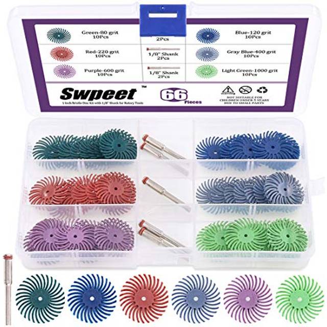 66Pcs 1 Inch 6 Mixed Grit 801202204006001000 Radial Bristle Disc Abrasive Brush Gap Polishing Pad Buffing Wheel Assortment Kit with 18 Shank for