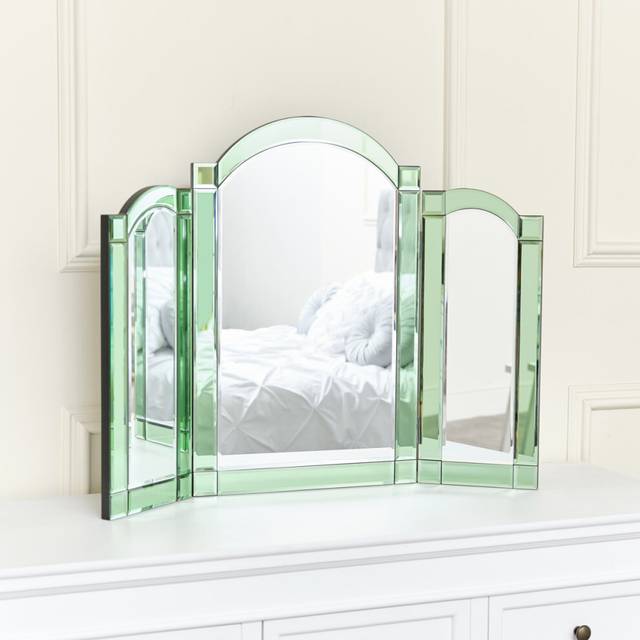 Green Glass Art Deco Triple Mirror 74cm x 60cm Material: Mirrors
