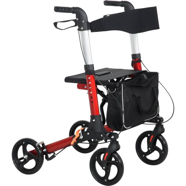 Homcom Folding Rollator Walker W/ Seat & Backrest, Lightweight Walking Frame W/ Adjustable Handle Height, 4 Wheeled Walker, Red