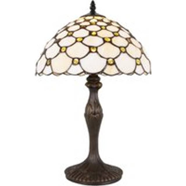 Traditional Stained Glass 12in Tiffany Lamp with Amber Beads, Yellow