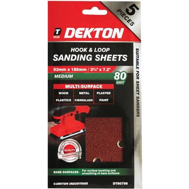 Dekton 5pc 93 x 185mm Velcro Hook & Loop 1/3 Sanding Pads Sheets 80 Grit