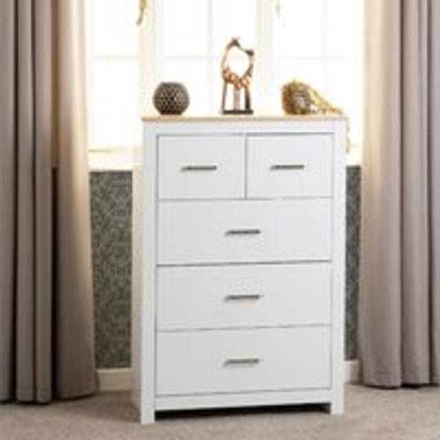 Portland 3+2 drawer chest white with oak effect metal handles and runners