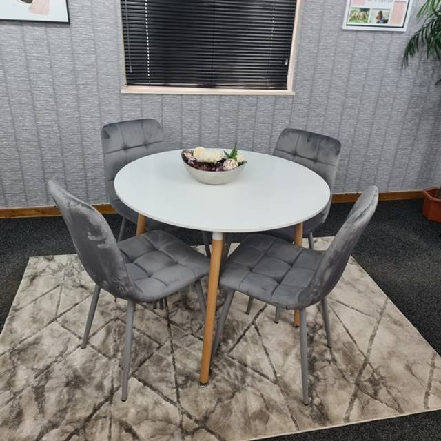 Dining Table Set Of 4 Round White Dining Table And 4 Grey Velvet Tufted Chairs - White