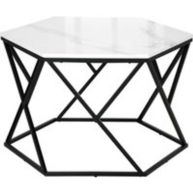 Modern Coffee Table With High Gloss Marble Effect Tabletop Steel Frame White