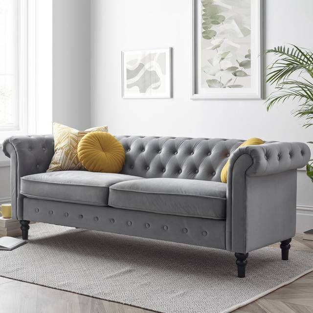 Chesterfield Grey Velvet 3 Seater Sofa