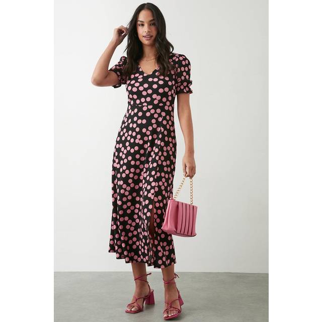 Womens Pink Spot Short Sleeve V Neck Jersey Midi Dress - Black - 18