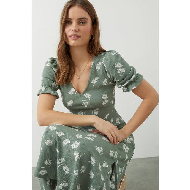 Womens Khaki Ditsy Print Short Sleeve Jersey Midi Dress - 18