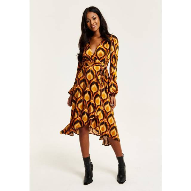 Womens Balloon Sleeve Retro Print Midi Fake Wrap Dress - Multi - 16